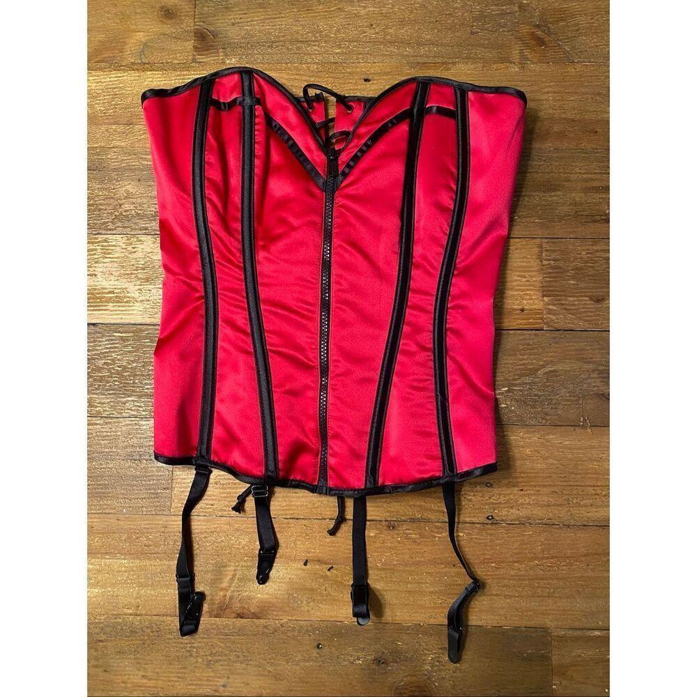 Shirley of Hollywood size 36 red black tapestry corset lingerie top garter sexy